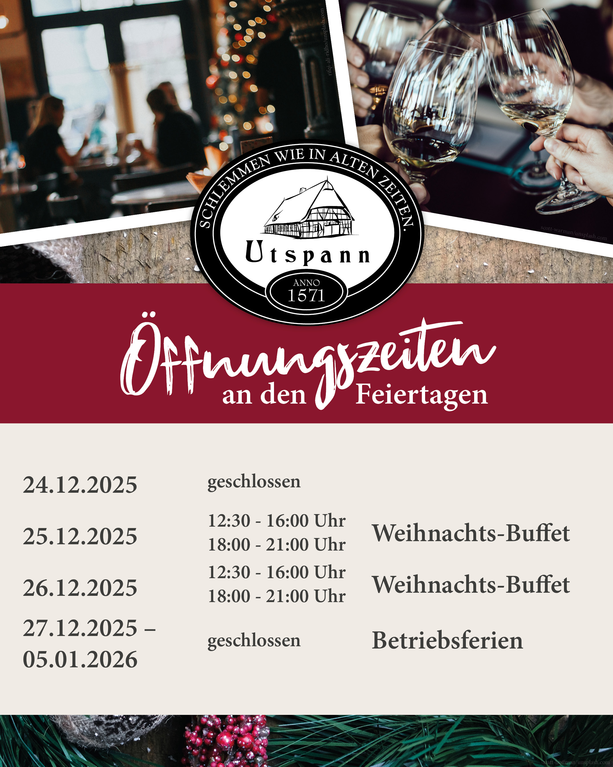 Öffnungszeiten über die Feiertage - Restaurant Utspann